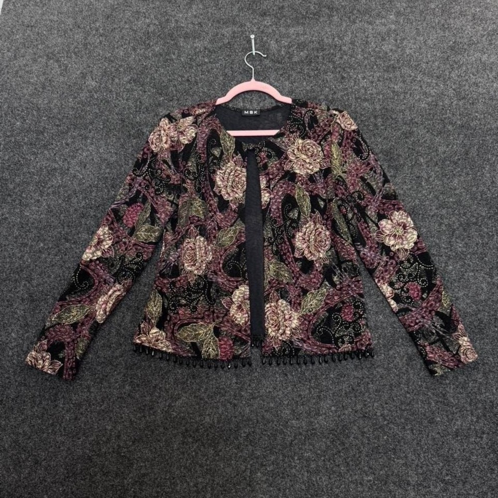 Women's MSK black floral beaded open front jacket boho evening cardigan